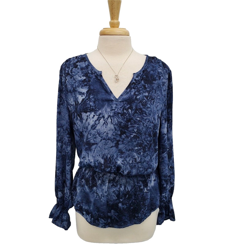 Counterparts‎ Womens Blue Marbled Elastic Waist Blouse Top Size XL Split Neck